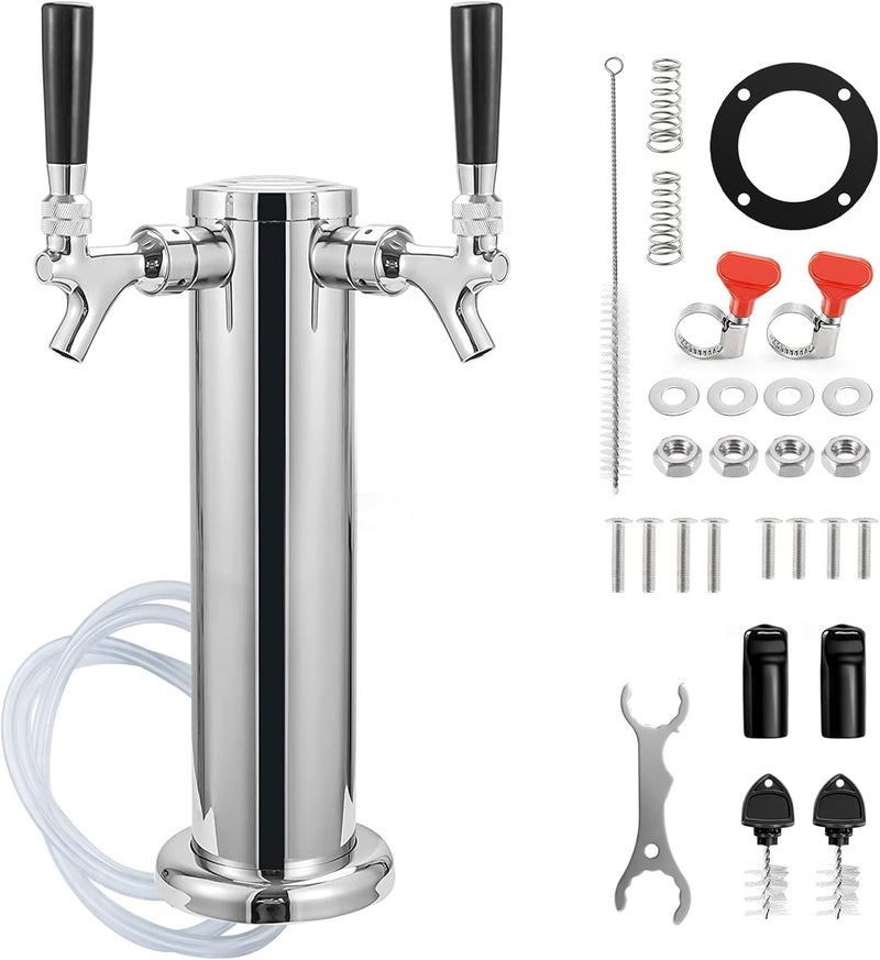 MRbrew Kegerator Tower Beer Tap Tower Dispenser Dual Faucet Beer Tower Draft Beer Dispenser Stainless Steel Keg Tap Tower 3'' Keg Tower Pre-assembled Line Beer Faucet Dispenser Kit For Home, Bar,Party - Image 1